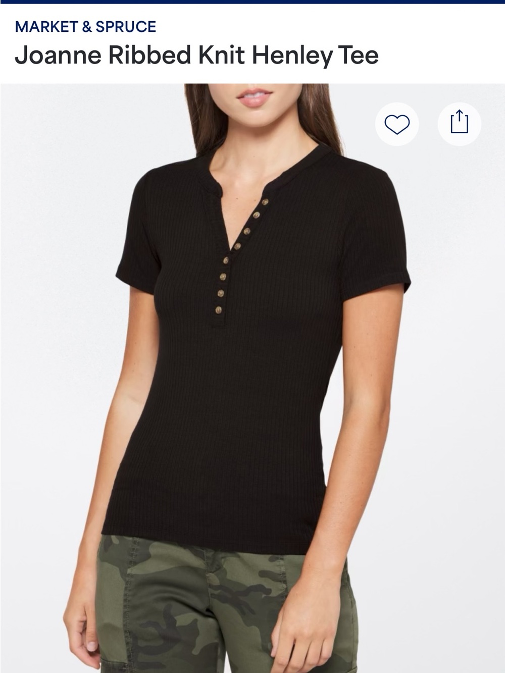 Market & Spruce Joanne Ribbed Knit Henley Tee - Black NWT